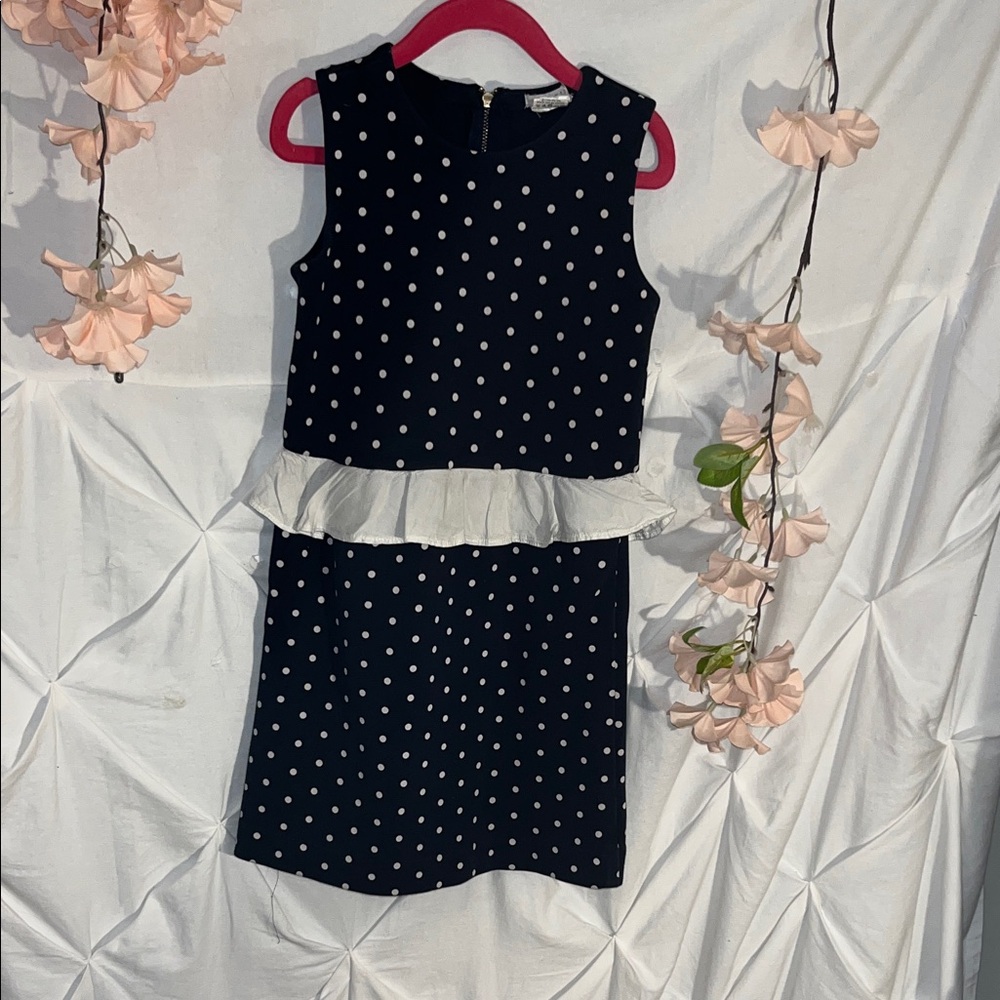 Crewcuts Navy Polka Dot Dress with White Peplum Ruffle